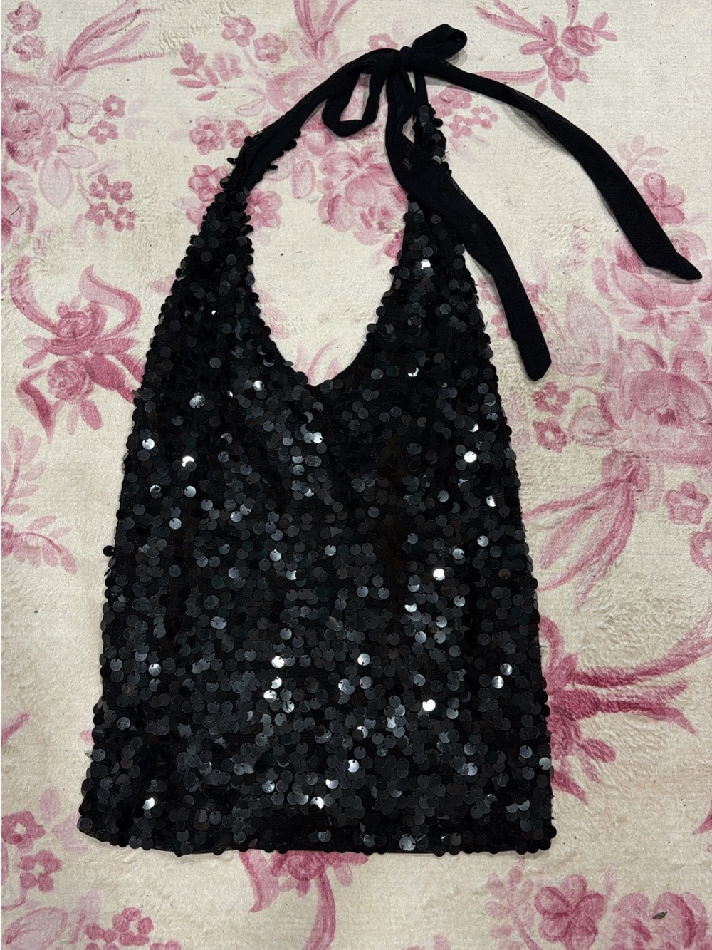 Black Sequin Halter Evening Top